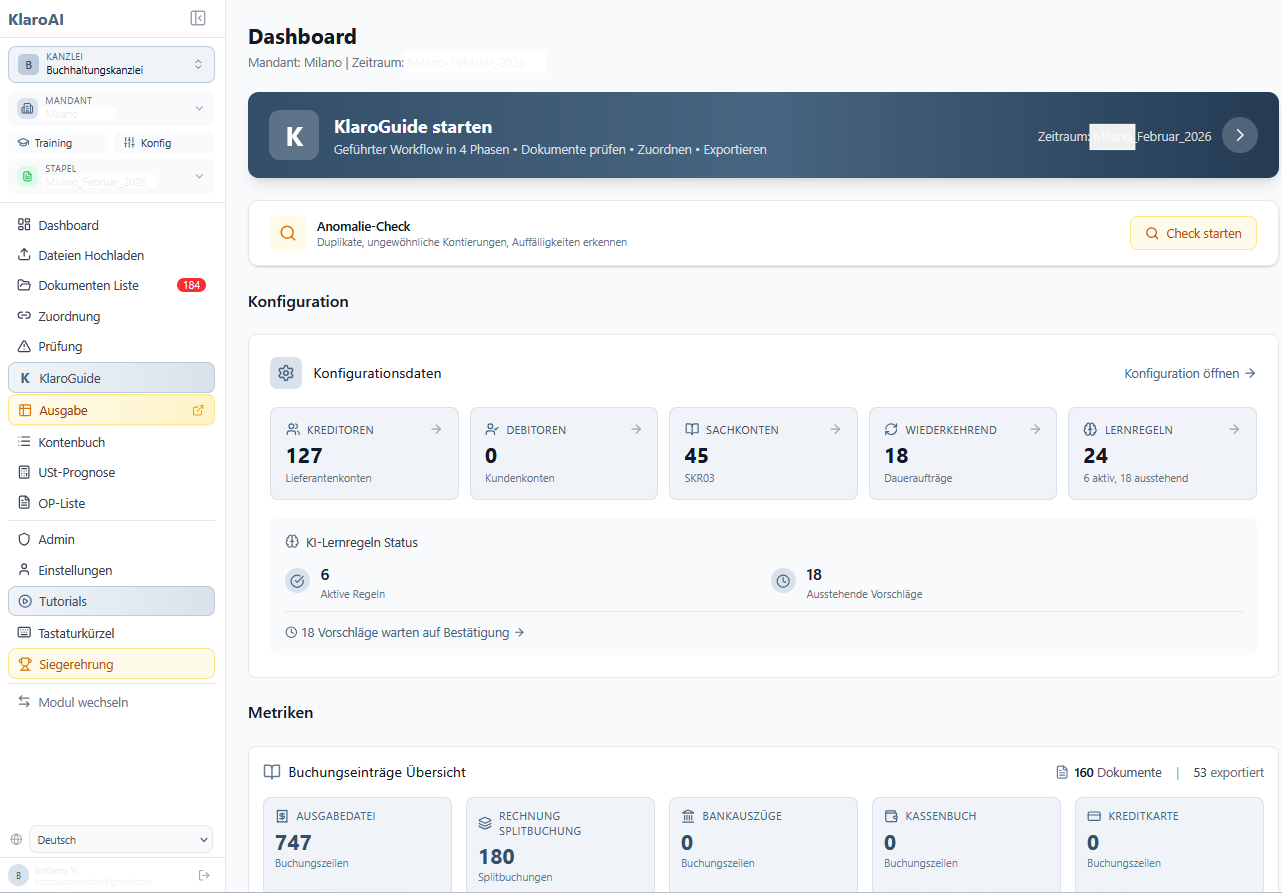 Klaro AI Dashboard